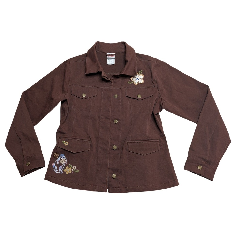 Disney Eeyore Embroidered Jacket Womens M Brown Floral Button Front Stretch